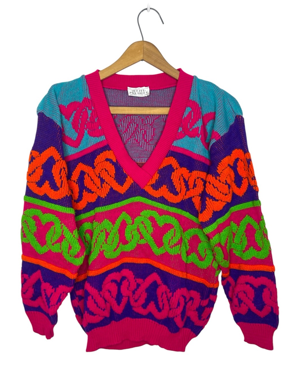 Vintage 80s 90s Jet Set Neon Abstract Sweater USA V Neck S M